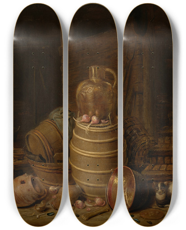 Triptych art skateboard deck of Jan Spanjaert Still Life With A Barrel by Jan Spanjaert (1590-1664)