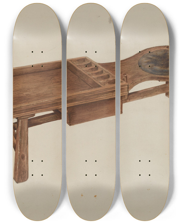 Triptych art skateboard deck of Leonard Battee Cobblers Bench by Leonard Battee