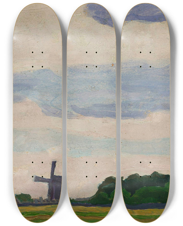 Triptych art skateboard deck of Jan Stanislawski Landscape With A Windmill by Jan Stanislawski (1860-1907)