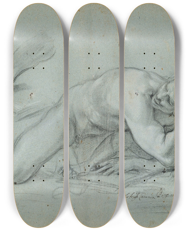 Triptych art skateboard deck of Giovanni Angelo Canini Study For A Fallen Angel by Giovanni Angelo Canini (1609-1666)