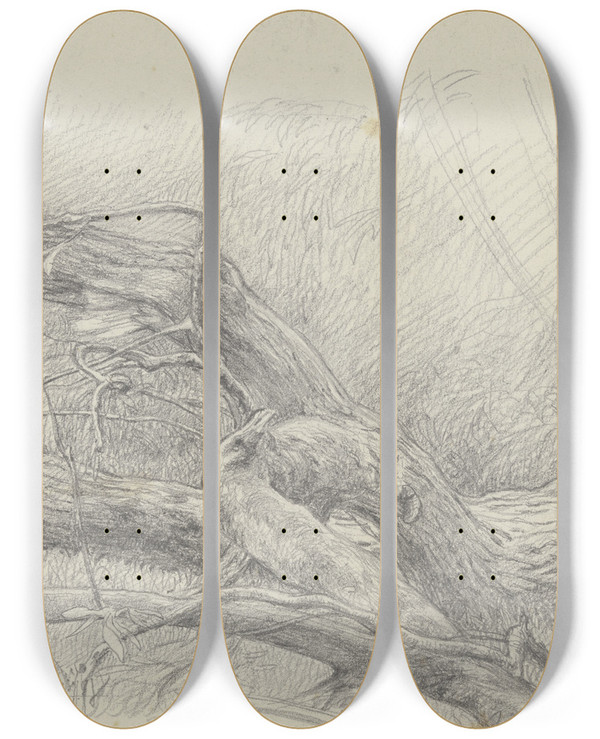 Triptych art skateboard deck of Louis Eysen Fallen Over Tree Trunk by Louis Eysen (1843-1899)