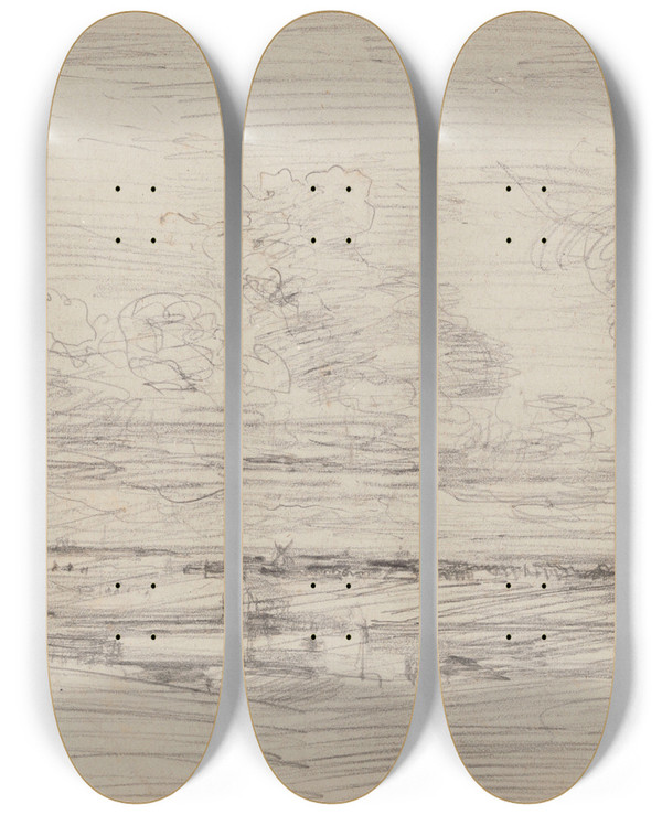 Triptych art skateboard deck of James Ensor Landscape With Mills And Low Clouds by James Ensor (1860-1949)