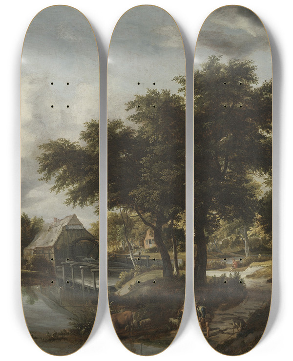 Triptych art skateboard deck of Meindert Hobbema Wooded Landscape With A Watermill_1 by Meindert Hobbema (1638-1709)