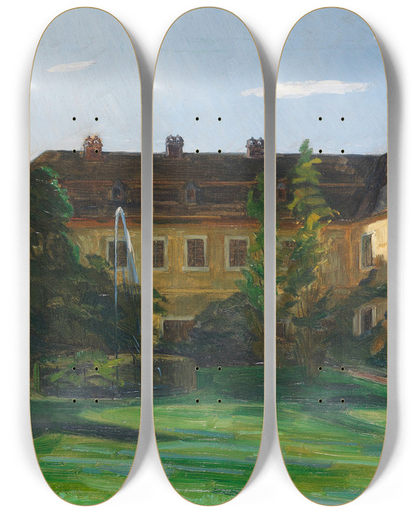 Triptych art skateboard deck of Wilhelm Trbner Hof Im Stift Neuburg Mit Springbrunnen Ii by Wilhelm Trubner (1851-1917)