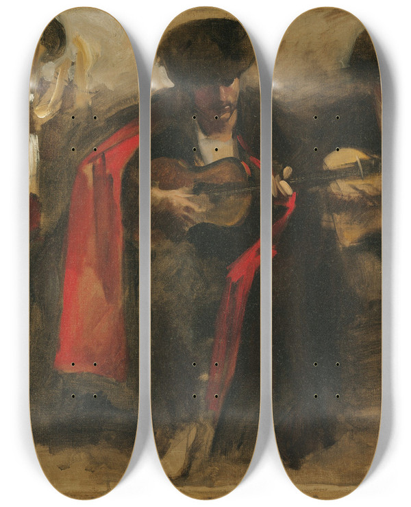 Triptych art skateboard deck of John Singer Sargent Study For Seated Musicians For El Jaleo by John Singer Sargent (1856-1925)