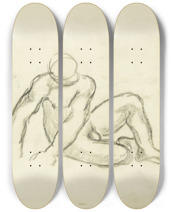 Triptych art skateboard deck of Niels Hansen Studie Af Siddende Ngen Mand by Niels Hansen