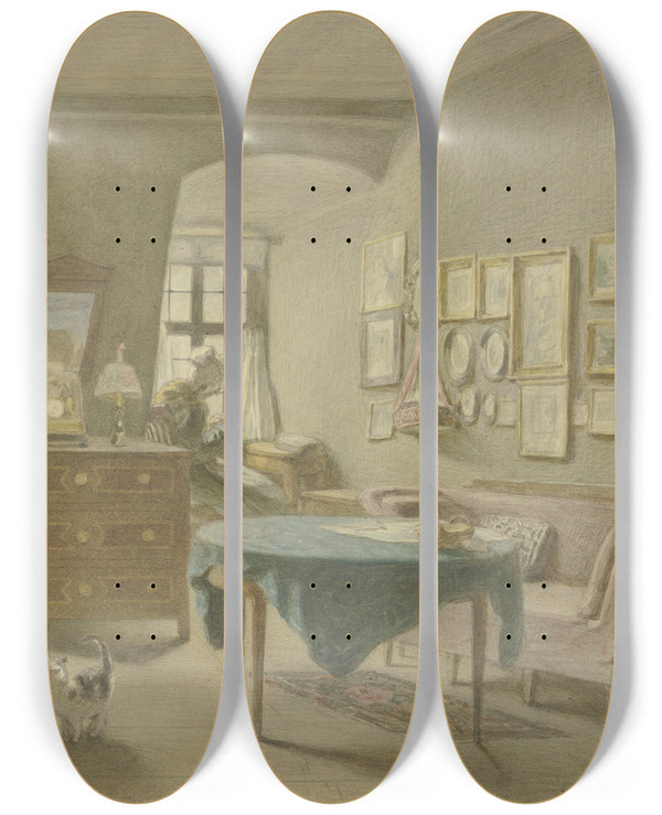 Triptych art skateboard deck of Angilbert Gbel Peasant Sitting Room by Angilbert Gobel (1821-1882)
