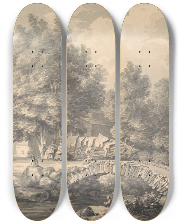 Triptych art skateboard deck of Thomas Hearne A Rustic Scene by Thomas Hearne (1744-1817)
