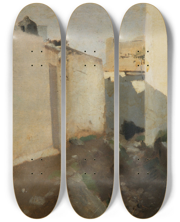 Triptych art skateboard deck of John Singer Sargent White Walls In Sunlight Morocco by John Singer Sargent (1856-1925)