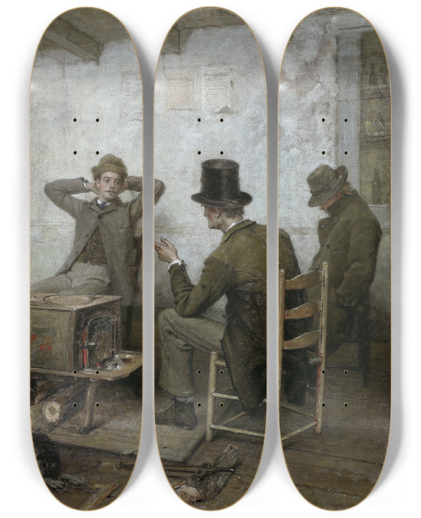 Triptych art skateboard deck of Thomas Hicks A Friendly Warning by Thomas Hicks (1823-1890)
