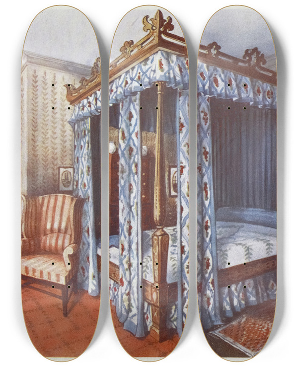 Triptych art skateboard deck of Edwin Foley A Heppelwhite Bedroom by Edwin Foley (1859-1912)