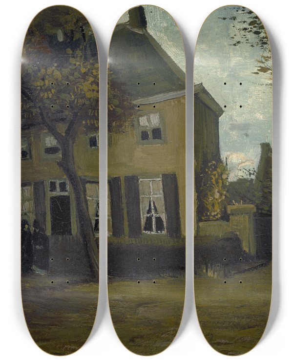 Triptych art skateboard deck of Vincent Van Gogh The Vicarage At Nuenen by Vincent van Gogh (1853-1890)