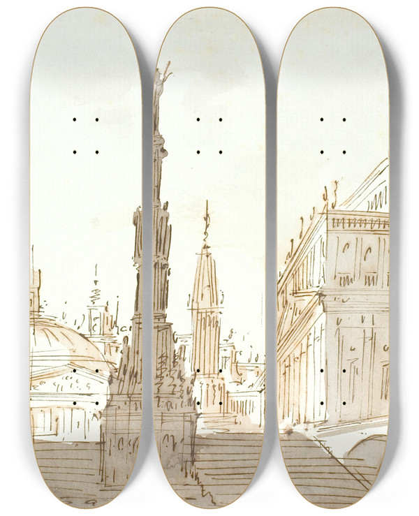 Triptych art skateboard deck of Aron Wallick Trappe Med Sjle Omgivet Af Paladser Og Kirker by Aron Wallick (1779-1845)