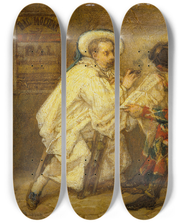 Triptych art skateboard deck of Thomas Couture Harlequin And Pierrot by Thomas Couture (1815-1879)