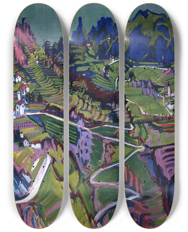 Triptych art skateboard deck of Albert Mller Large Ticino Landscape by Albert Muller (1897-1926)