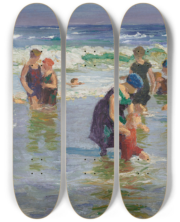 Triptych art skateboard deck of Edward Henry Potthast Bathers by Edward Henry Potthast (1857-1927)