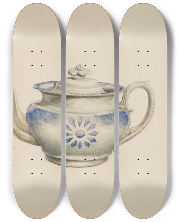 Triptych art skateboard deck of Charles Moss Teapot by Charles Moss
