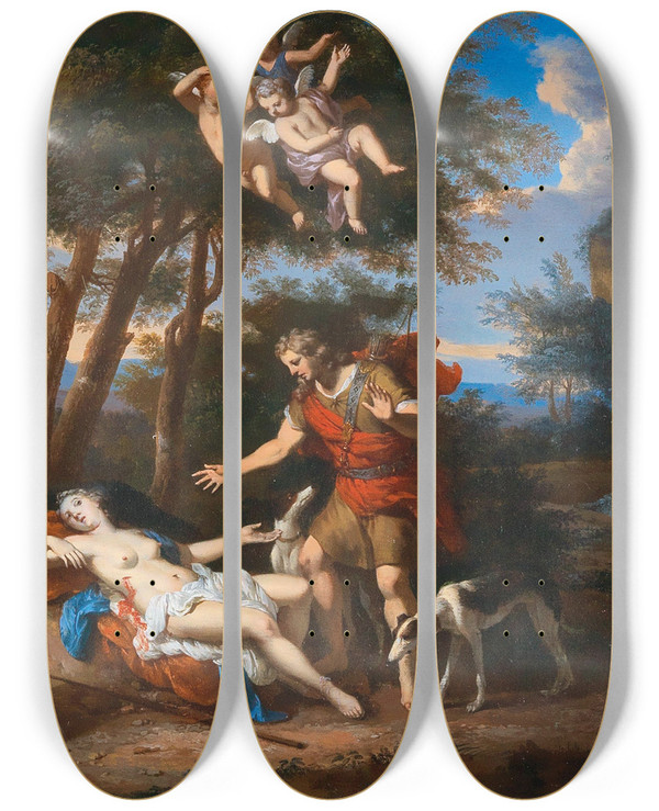 Triptych art skateboard deck of Gerard Hoet Venus And Adonis by Gerard Hoet (1648-1733)