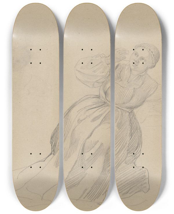 Triptych art skateboard deck of Adolph Tidemand Ung Bondekvinne by Adolph Tidemand (1814-1876)