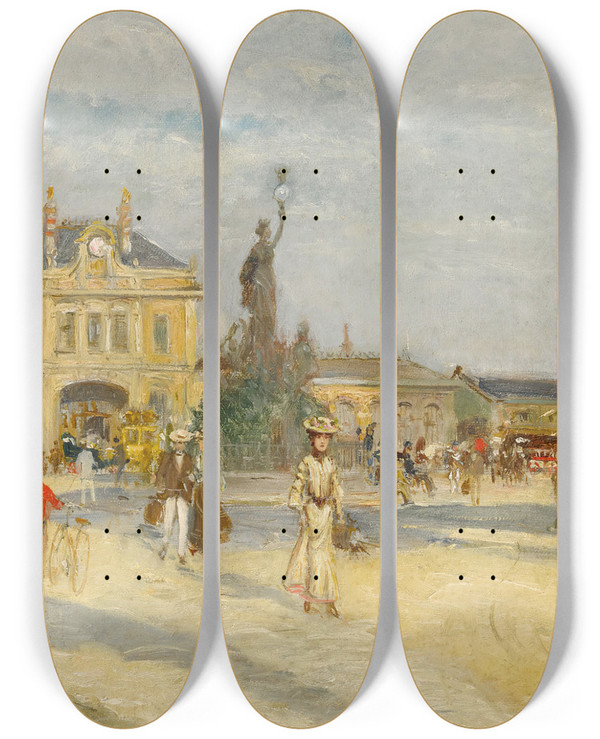 Triptych art skateboard deck of Georges Stein The Station At Vichy by Georges Stein (1870-1917)