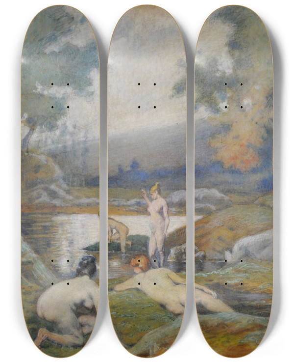 Triptych art skateboard deck of Eduardo Svori Women Bathing by Eduardo Sivori (1847-1918)