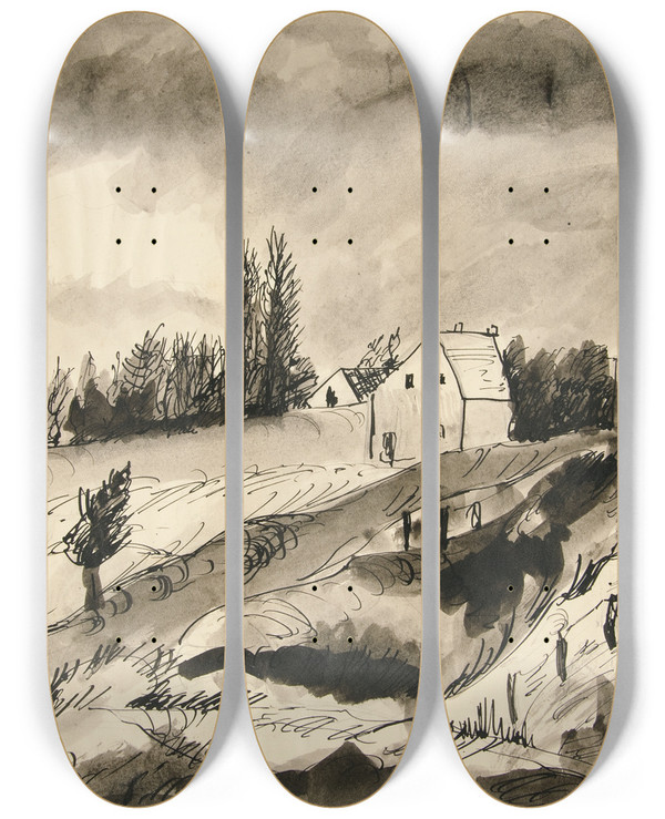 Triptych art skateboard deck of Dora Bromberger Landscape Withhouses by Dora Bromberger (1881-1942)