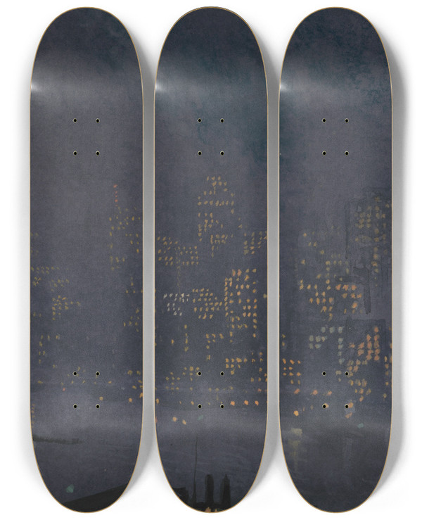 Triptych art skateboard deck of Joseph Pennell Skyscrapers At Night by Joseph Pennell (1857-1926)