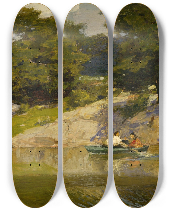 Triptych art skateboard deck of Edward Henry Potthast Boating In Central Park by Edward Henry Potthast (1857-1927)