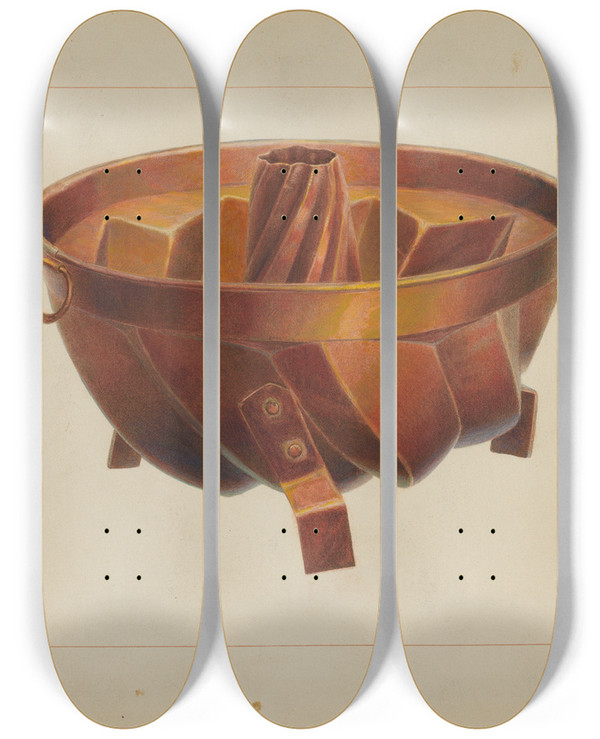 Triptych art skateboard deck of Edward L Loper Turks Head Cake Pan by Edward L Loper (1916-2011)
