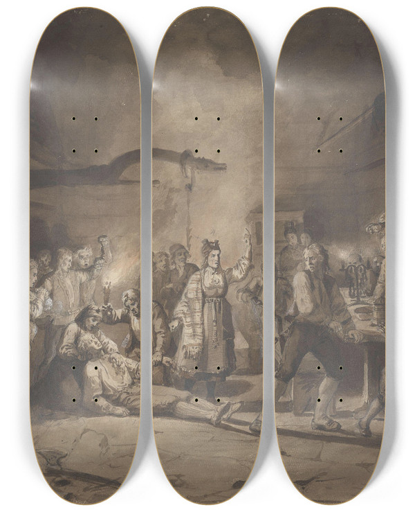 Triptych art skateboard deck of Adolph Tidemand Etter Tvekampen_1 by Adolph Tidemand (1814-1876)