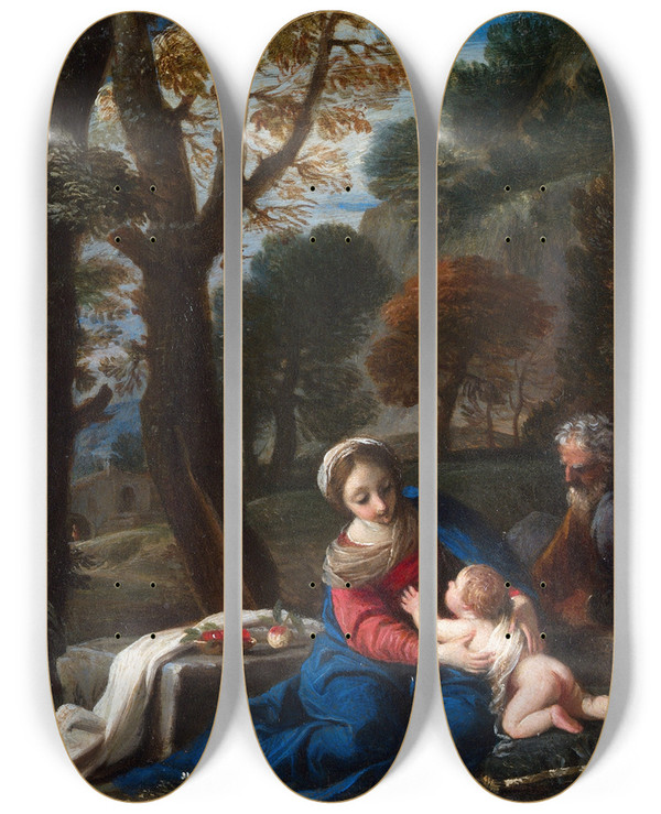Triptych art skateboard deck of Pier Francesco Mola The Rest On The Flight Into Egypt by Pier Francesco Mola (1612-1666)
