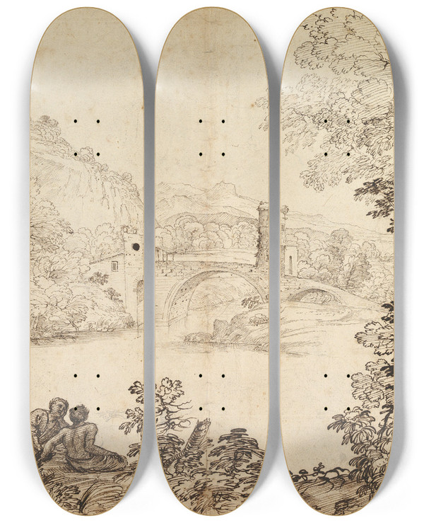 Triptych art skateboard deck of Giovanni Francesco Grimaldi Landscape With A Bridge And Two Figures by Giovanni Francesco Grimaldi (1606-1680)