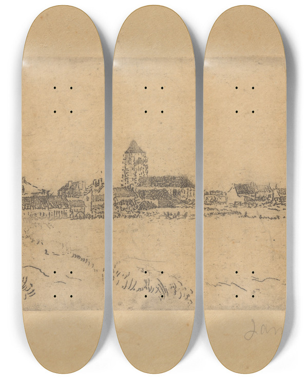 Triptych art skateboard deck of James Ensor Klein Gezicht Op Mariakerke_2 by James Ensor (1860-1949)