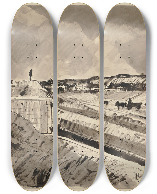Triptych art skateboard deck of Hermann Lismann Les Fortification De Montrouge by Hermann Lismann (1878-1943)