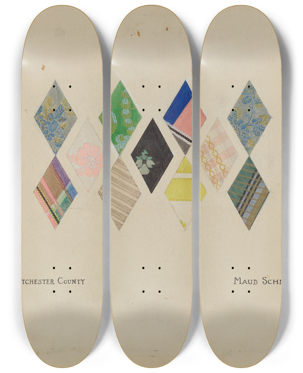 Triptych art skateboard deck of Maud Schmid Printed Quilt Patterns by Maud Schmid