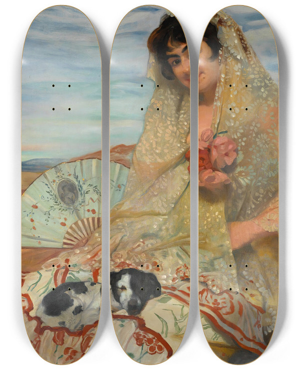 Triptych art skateboard deck of Ignacio Zuloaga Joven Sentada Con Un Perro Seated Woman With Dog by Ignacio Zuloaga (1870-1945)