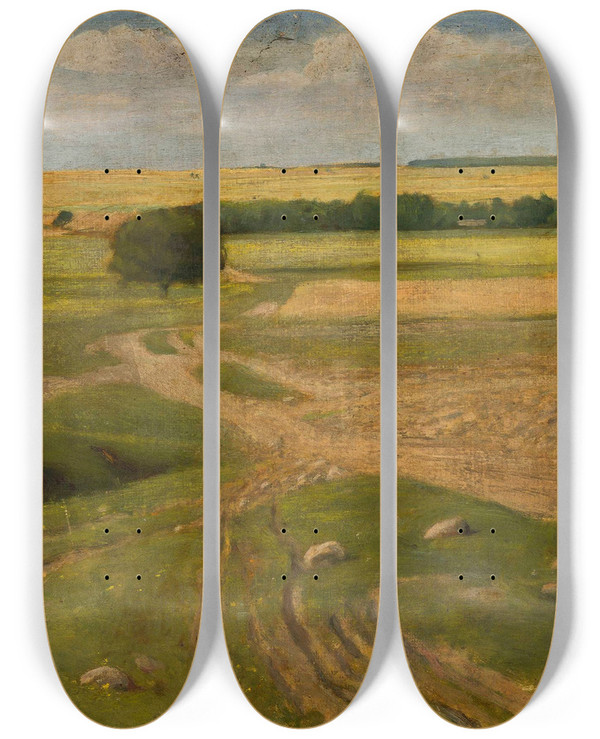 Triptych art skateboard deck of Leon Szpdrowski Landscape Of Fields by Leon Szpadrowski (1872-1950)
