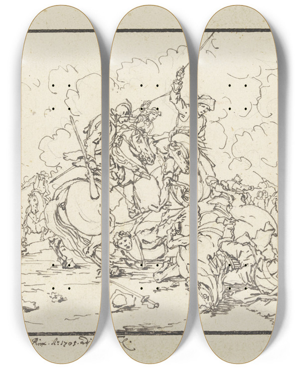 Triptych art skateboard deck of Georg Philipp Rugendas The Elder Equestrian Combat_1 by Georg Philipp Rugendas The Elder (1666-1743)