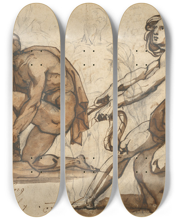 Triptych art skateboard deck of Thodore Gricault Classical Nudes by Theodore Gericault (1791-1824)