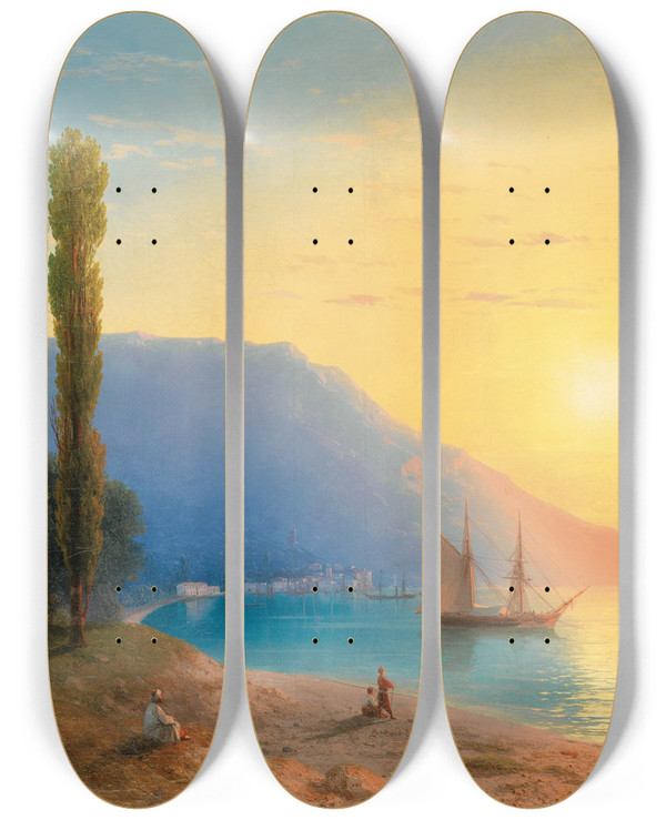 Triptych art skateboard deck of Ivan Konstantinovich Aivazovsky Sunset Over Yalta by Ivan Konstantinovich Aivazovsky (1817-1900)