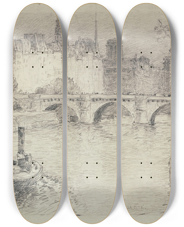 Triptych art skateboard deck of Ferdinand Boberg La Cit Et Le Pontneuf by Ferdinand Boberg (1860-1946)