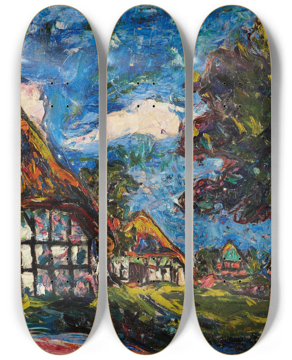 Triptych art skateboard deck of Ernst Ludwig Kirchner Fehmarn Houses_2 by Ernst Ludwig Kirchner (1880-1938)