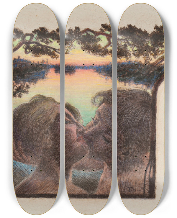 Triptych art skateboard deck of Torsten Wasastjerna Rakastavaiset by Torsten Wasastjerna (1863-1924)
