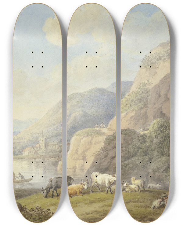 Triptych art skateboard deck of Carl Philipp Schallhas Berglandschaft Mit Einem See by Carl Philipp Schallhas (1767-1797)