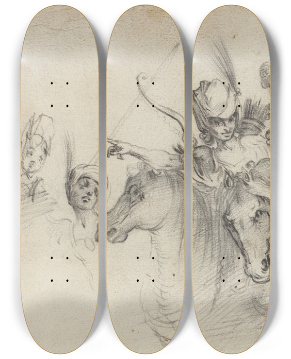 Triptych art skateboard deck of After Jacques Bellange Figures On Horseback Verso by After Jacques Bellange (1575-1616)