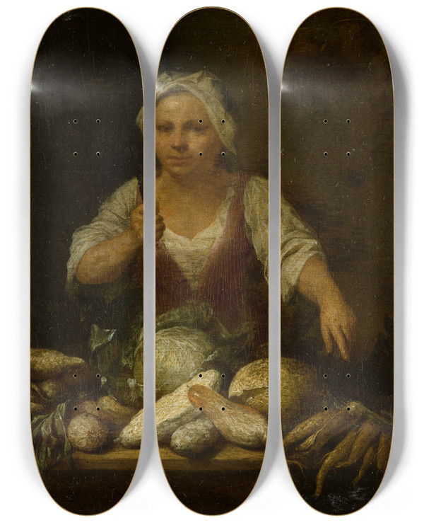 Triptych art skateboard deck of Nicolas Walraven Van Haeften Cook Cleaning Vegetables by Nicolas Walraven Van Haeften (1663-1715)