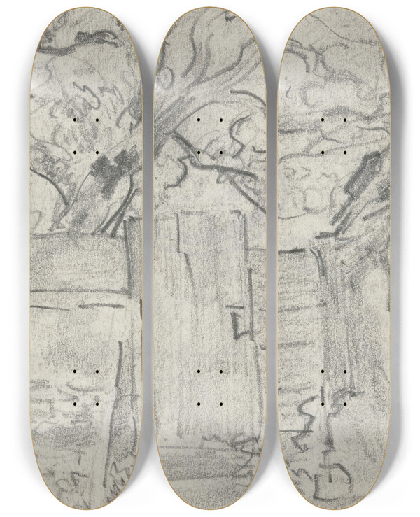 Triptych art skateboard deck of Anton Burger Gartenpfrtchen Mit Baum Dahinter by Anton Burger (1824-1905)