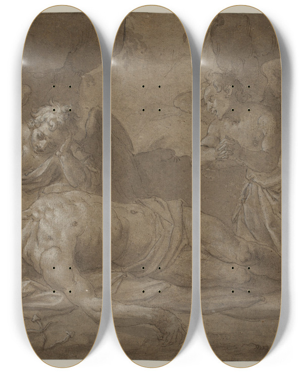 Triptych art skateboard deck of Pasquale Ottino Den Dde Kristus Med To Srgende Engle by Pasquale Ottino (1578-1630)