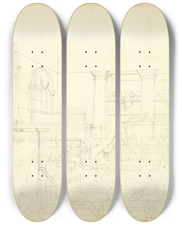 Triptych art skateboard deck of Augustus Charles Pugin Study For Old Bailey From Microcosm Of London by Augustus Charles Pugin (1762-1832)