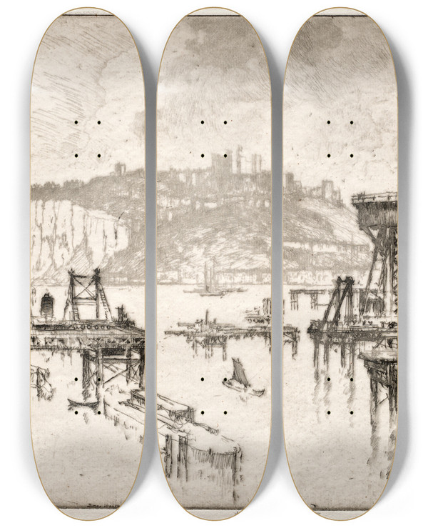 Triptych art skateboard deck of Joseph Pennell Building Dover Pier by Joseph Pennell (1857-1926)